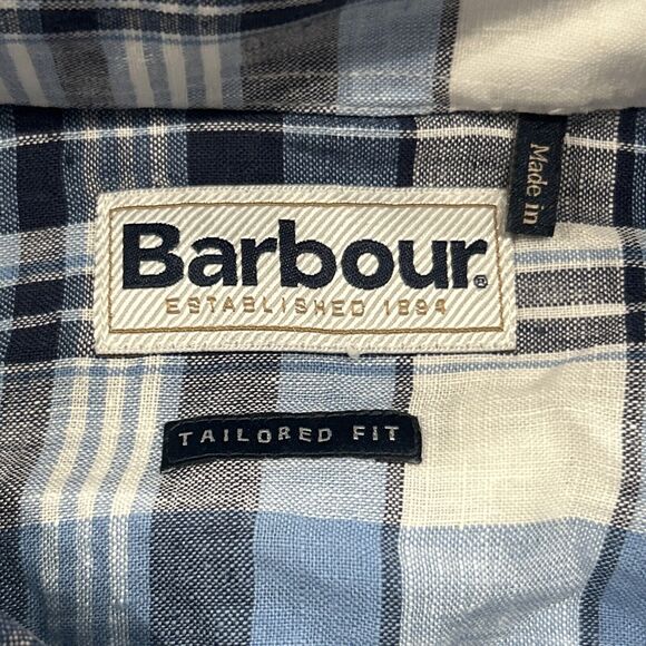 Barbour Shirt Mens Large Linen Blue White Plaid Tailored Fit Long Sleeve - Picture 2 of 7